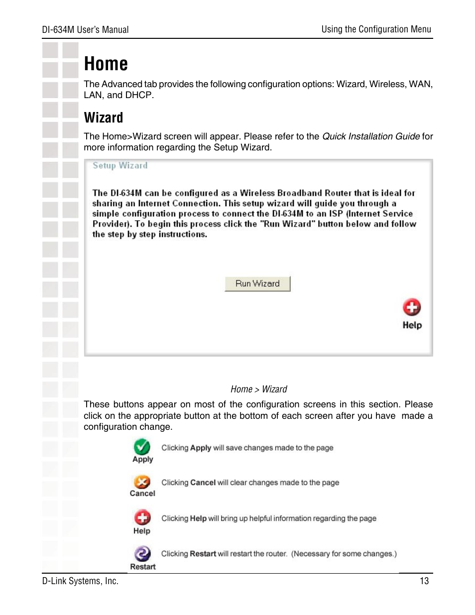 Home, Wizard | D-Link DI-634M User Manual | Page 13 / 94