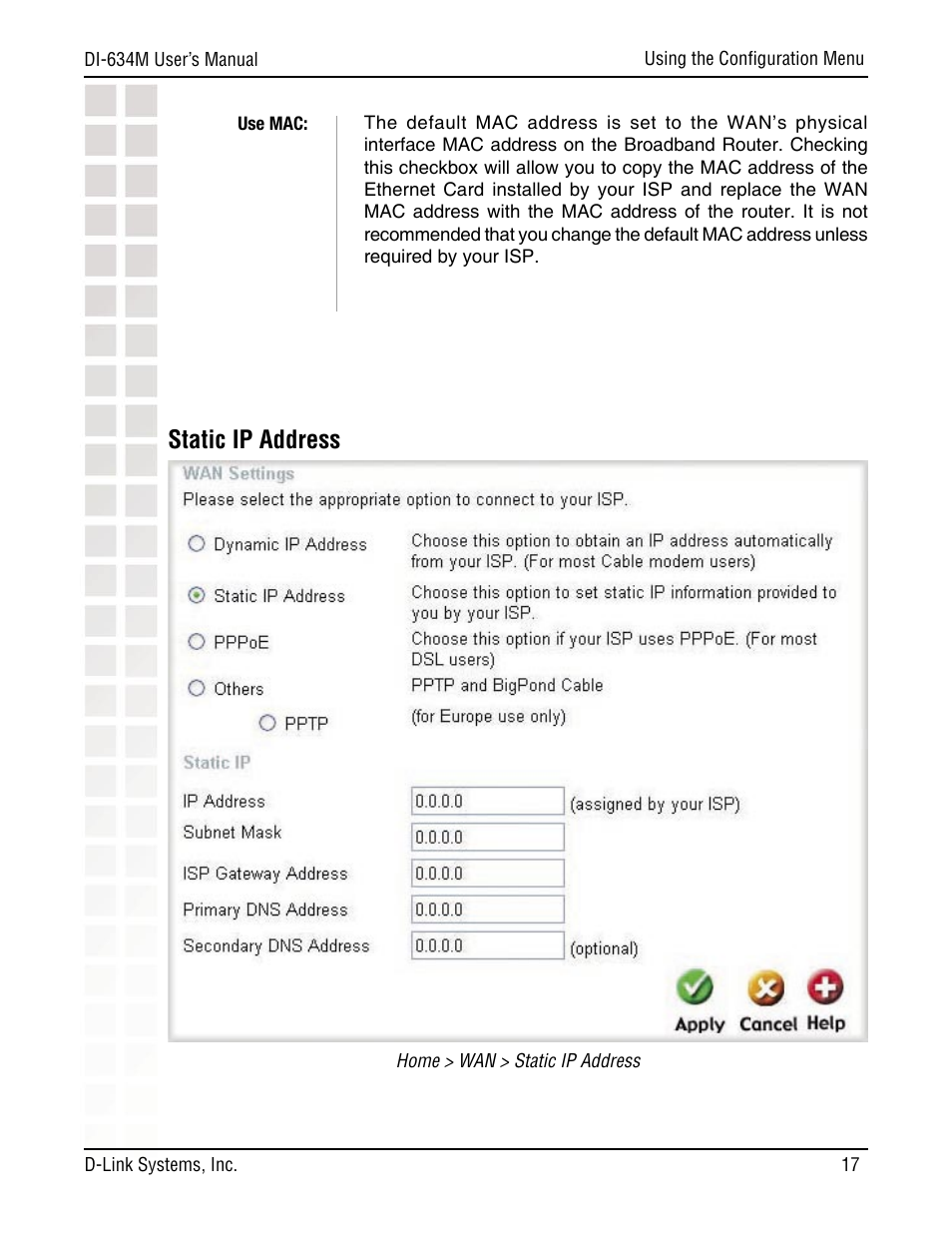 Static ip address | D-Link DI-634M User Manual | Page 17 / 94