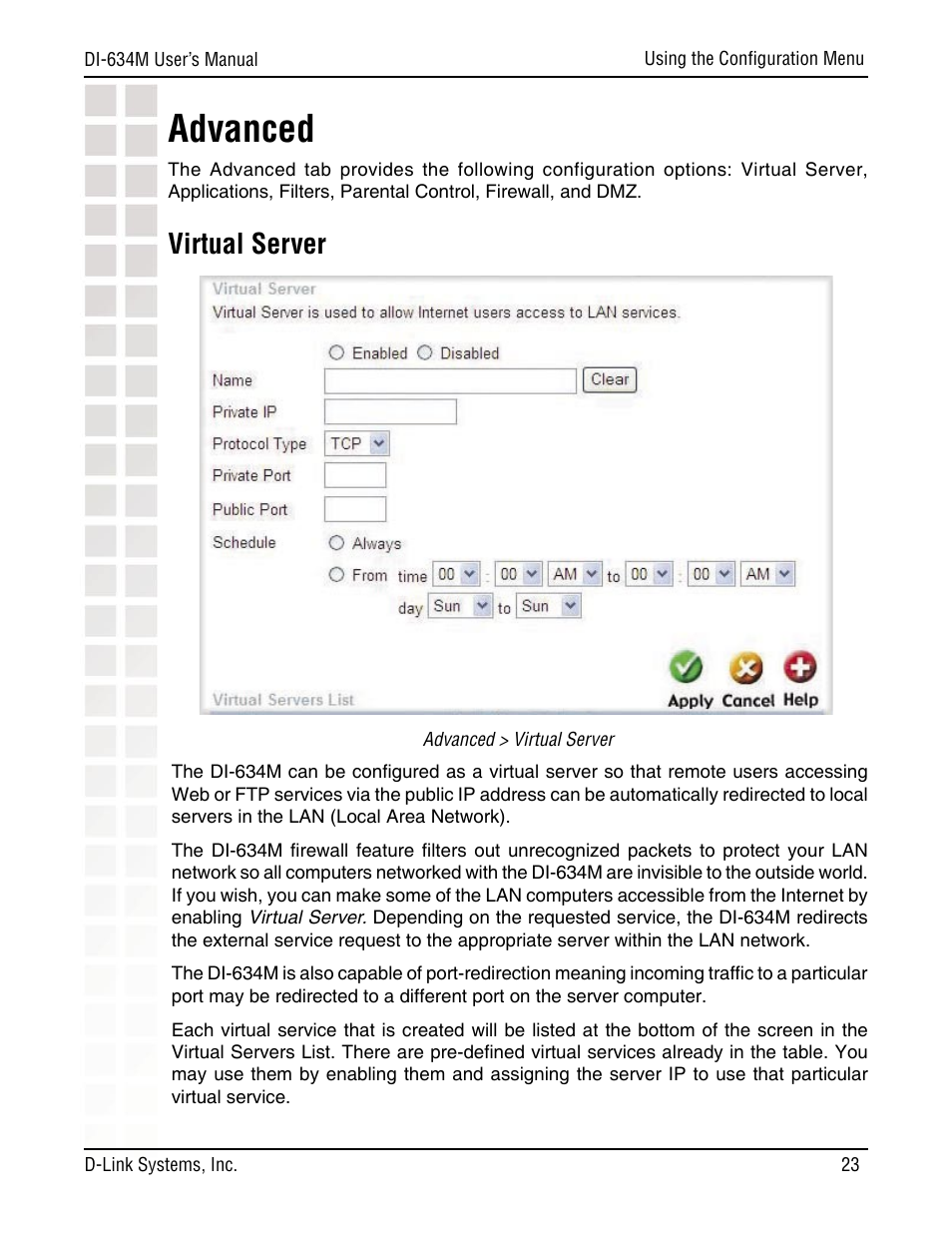 Advanced, Virtual server | D-Link DI-634M User Manual | Page 23 / 94