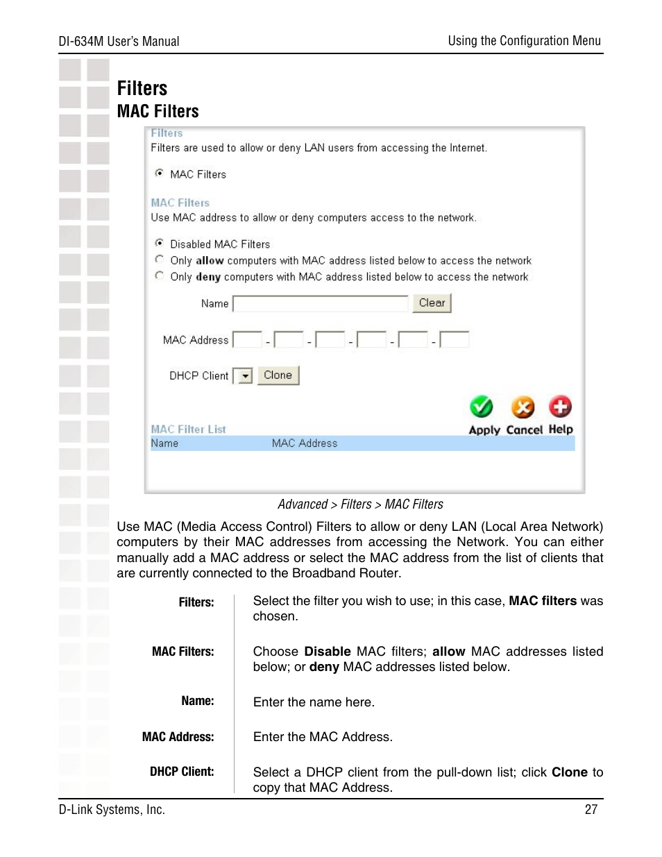 Filters, Mac filters | D-Link DI-634M User Manual | Page 27 / 94