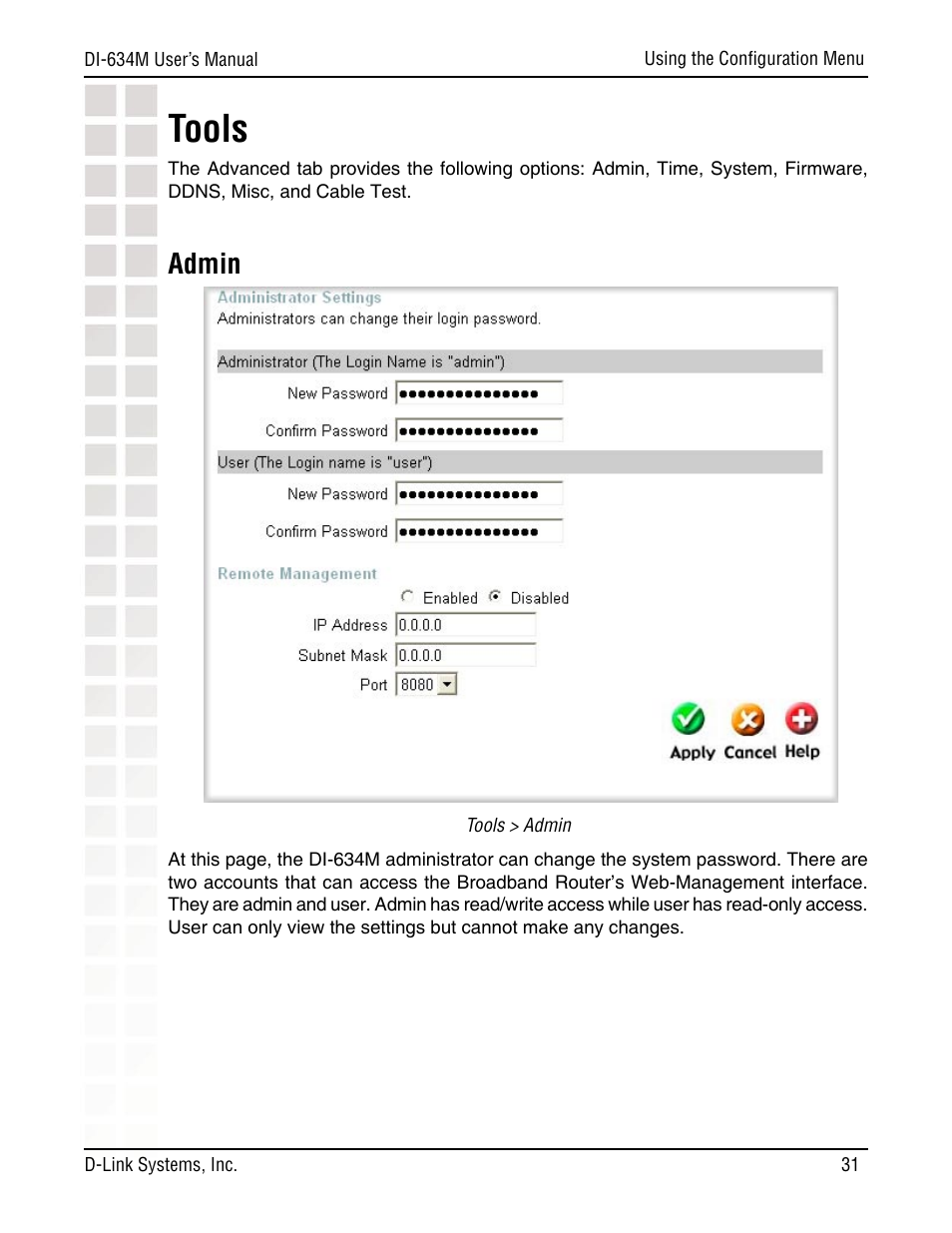 Tools, Admin | D-Link DI-634M User Manual | Page 31 / 94