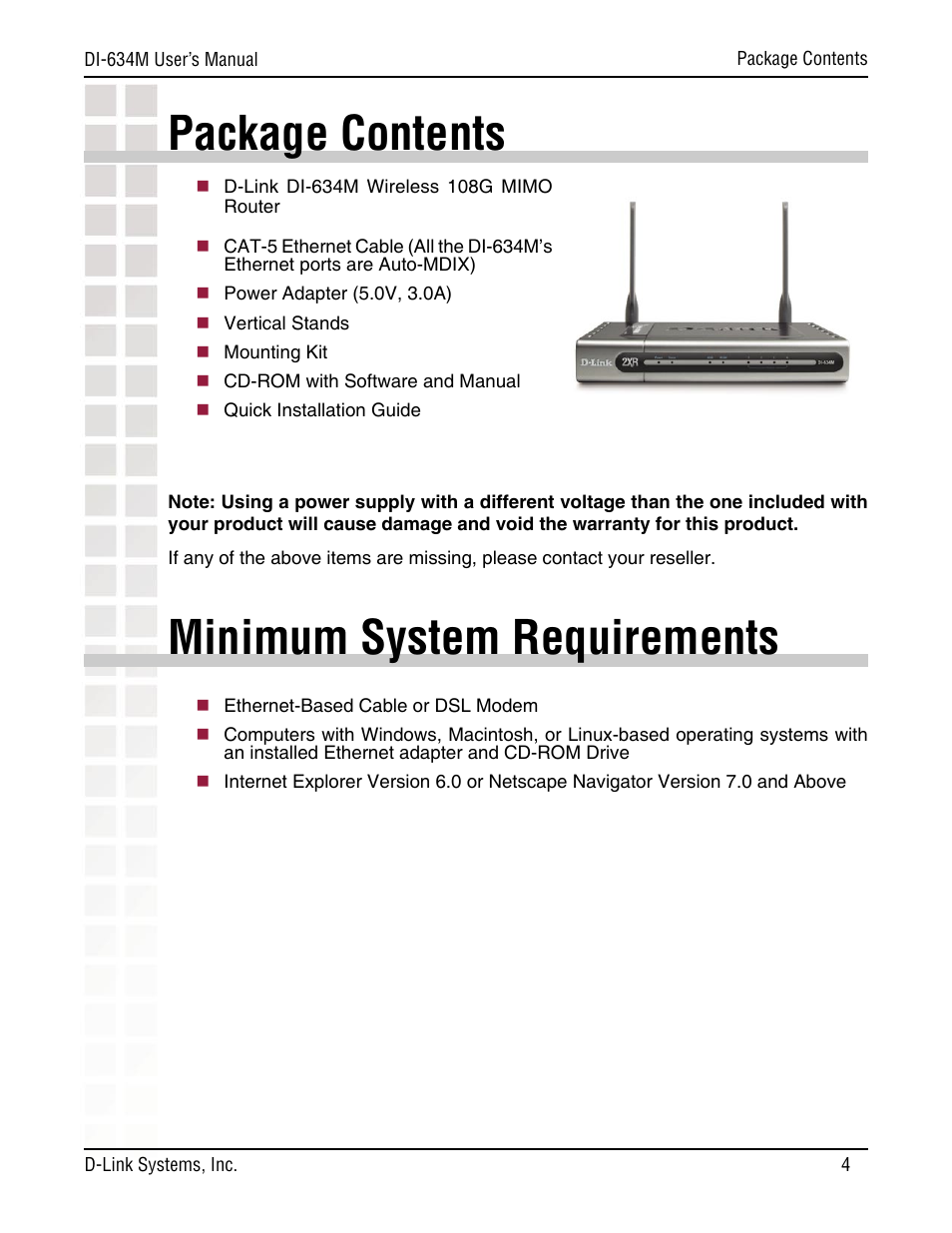 Package contents, Minimum system requirements | D-Link DI-634M User Manual | Page 4 / 94