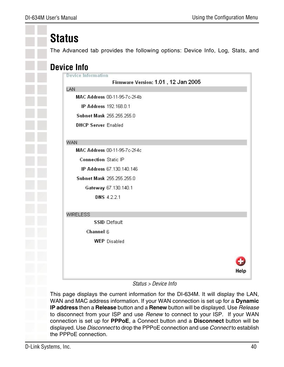 Status, Device info | D-Link DI-634M User Manual | Page 40 / 94