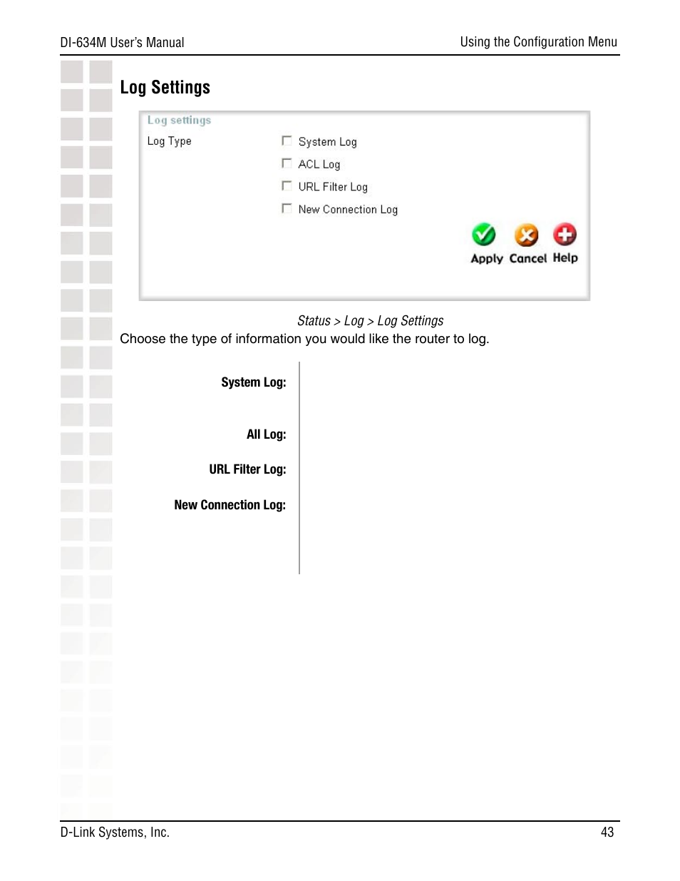 Log settings | D-Link DI-634M User Manual | Page 43 / 94