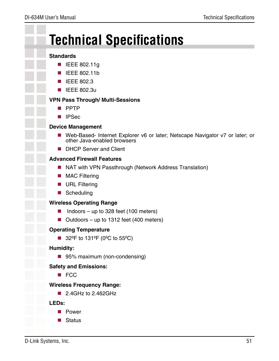 Technical speciﬁcations | D-Link DI-634M User Manual | Page 51 / 94
