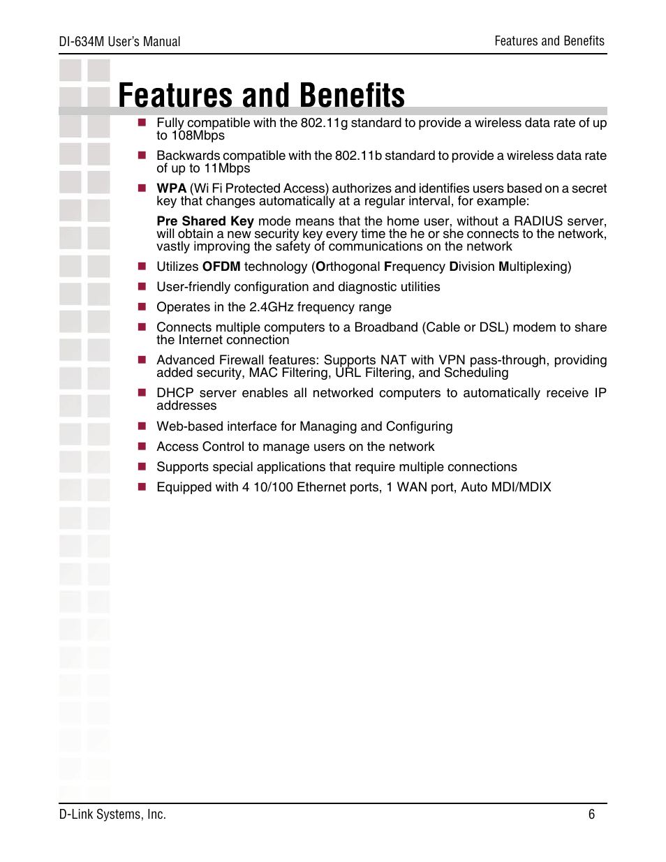 Features and beneﬁts | D-Link DI-634M User Manual | Page 6 / 94