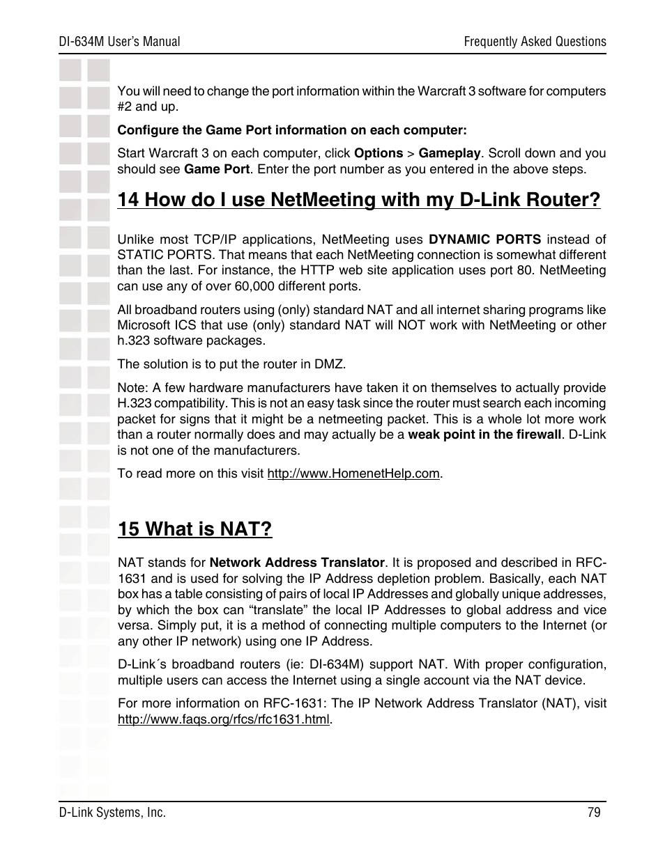 14 how do i use netmeeting with my d-link router, 15 what is nat | D-Link DI-634M User Manual | Page 79 / 94
