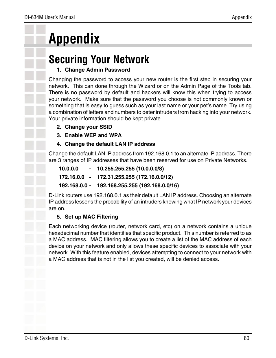 Appendix, Securing your network | D-Link DI-634M User Manual | Page 80 / 94