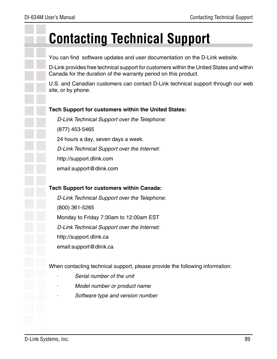 Contacting technical support | D-Link DI-634M User Manual | Page 89 / 94