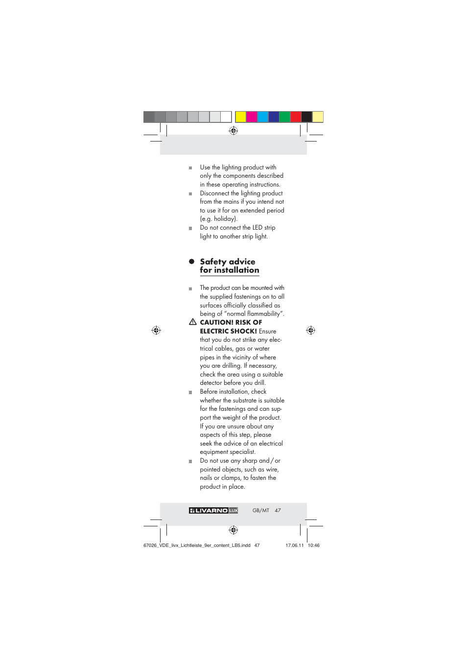 Safety advice for installation | Livarno Z30378 User Manual | Page 45 / 61