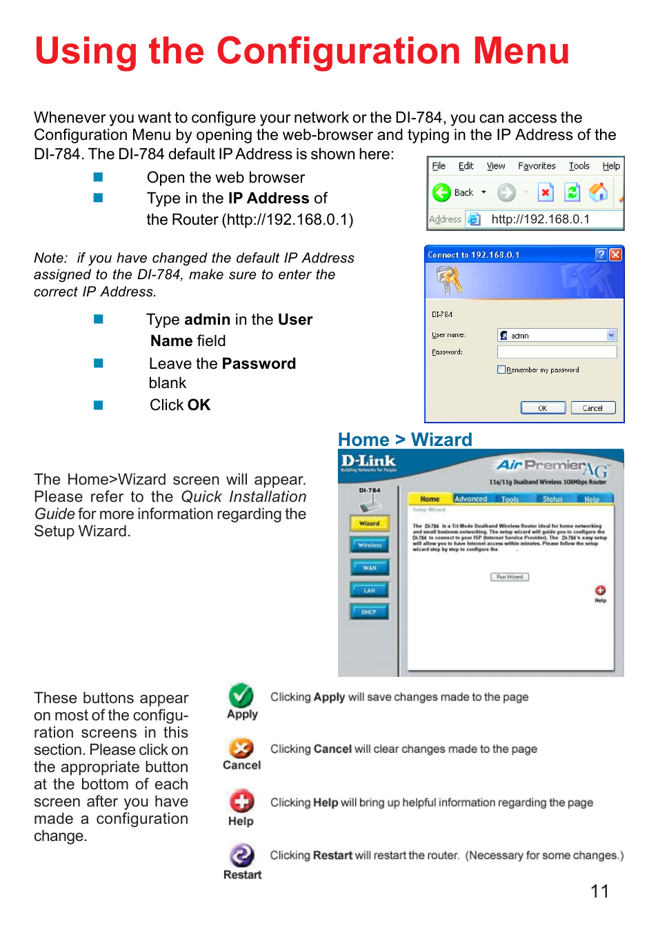 Using the configuration menu, Home > wizard | D-Link AG DI-784 User Manual | Page 11 / 99