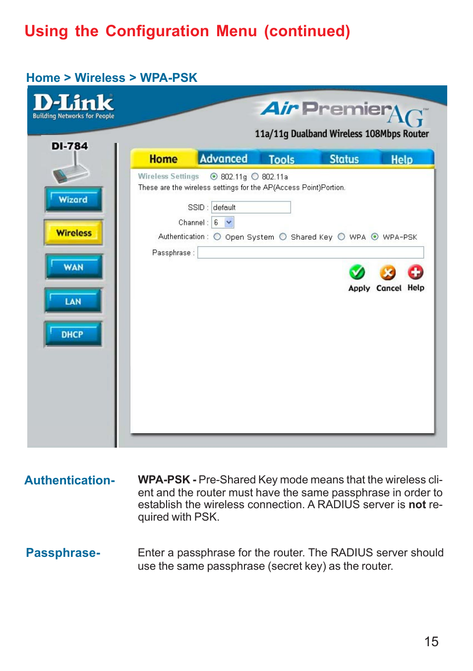 Using the configuration menu (continued) | D-Link AG DI-784 User Manual | Page 15 / 99