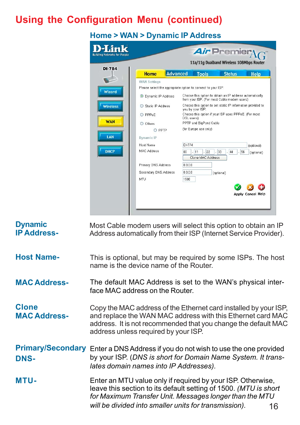 Using the configuration menu (continued) | D-Link AG DI-784 User Manual | Page 16 / 99