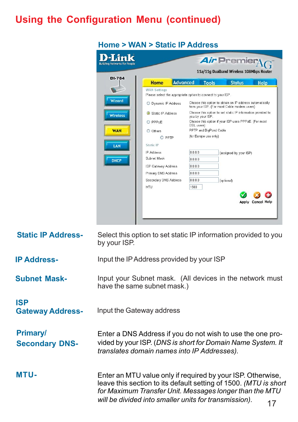 Using the configuration menu (continued) | D-Link AG DI-784 User Manual | Page 17 / 99