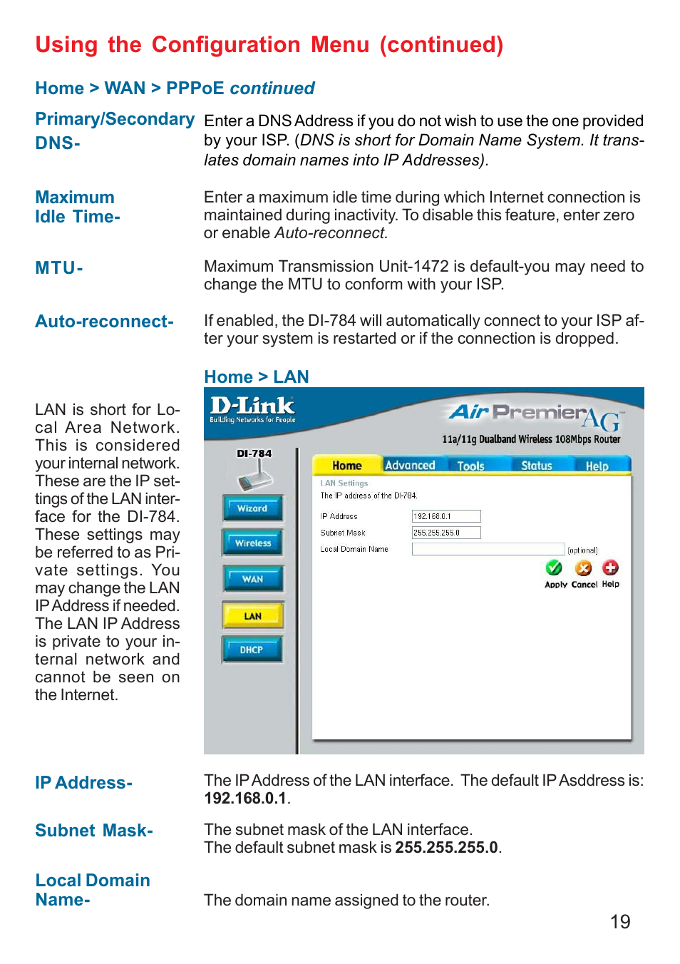 Using the configuration menu (continued) | D-Link AG DI-784 User Manual | Page 19 / 99