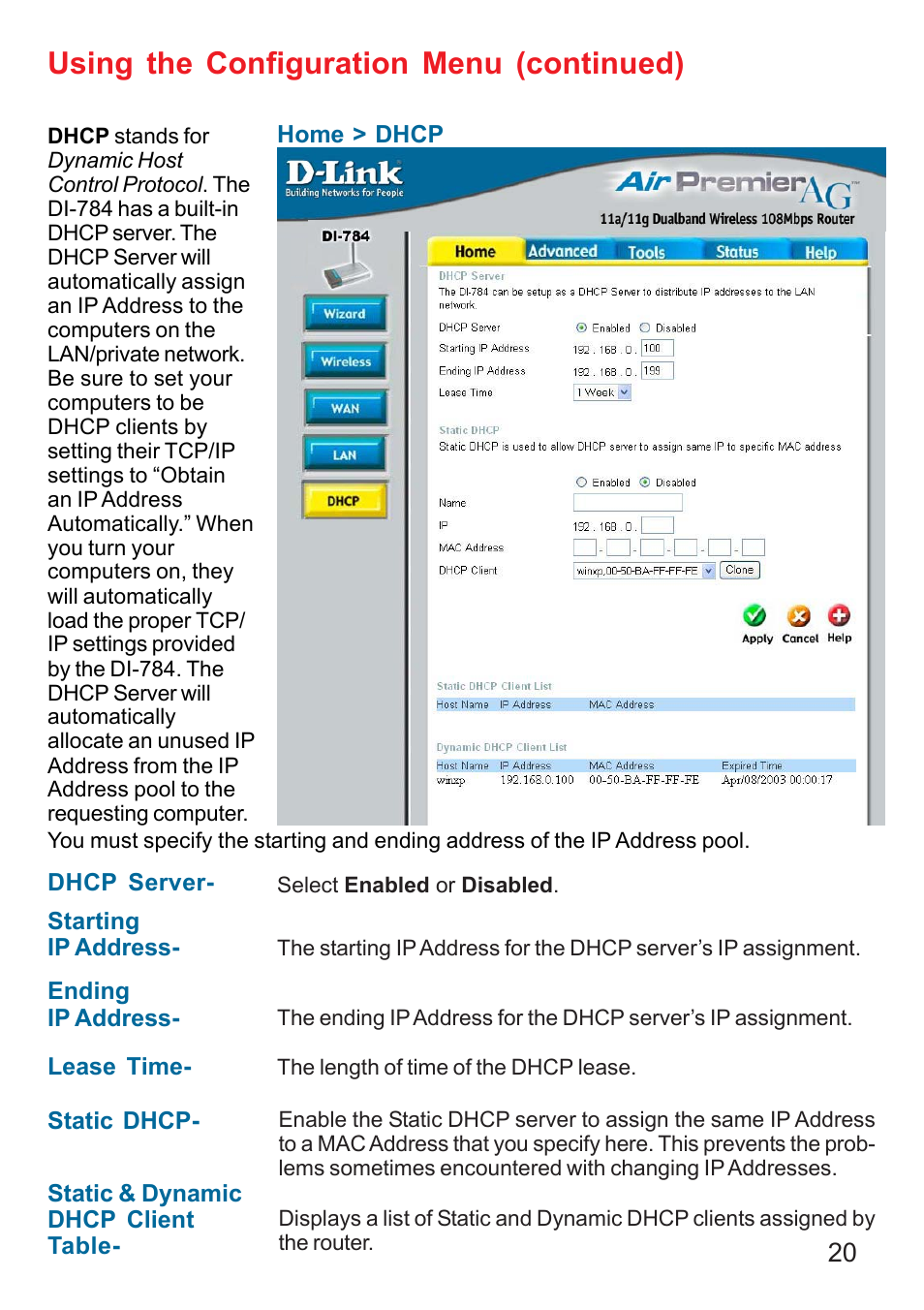 Using the configuration menu (continued) | D-Link AG DI-784 User Manual | Page 20 / 99