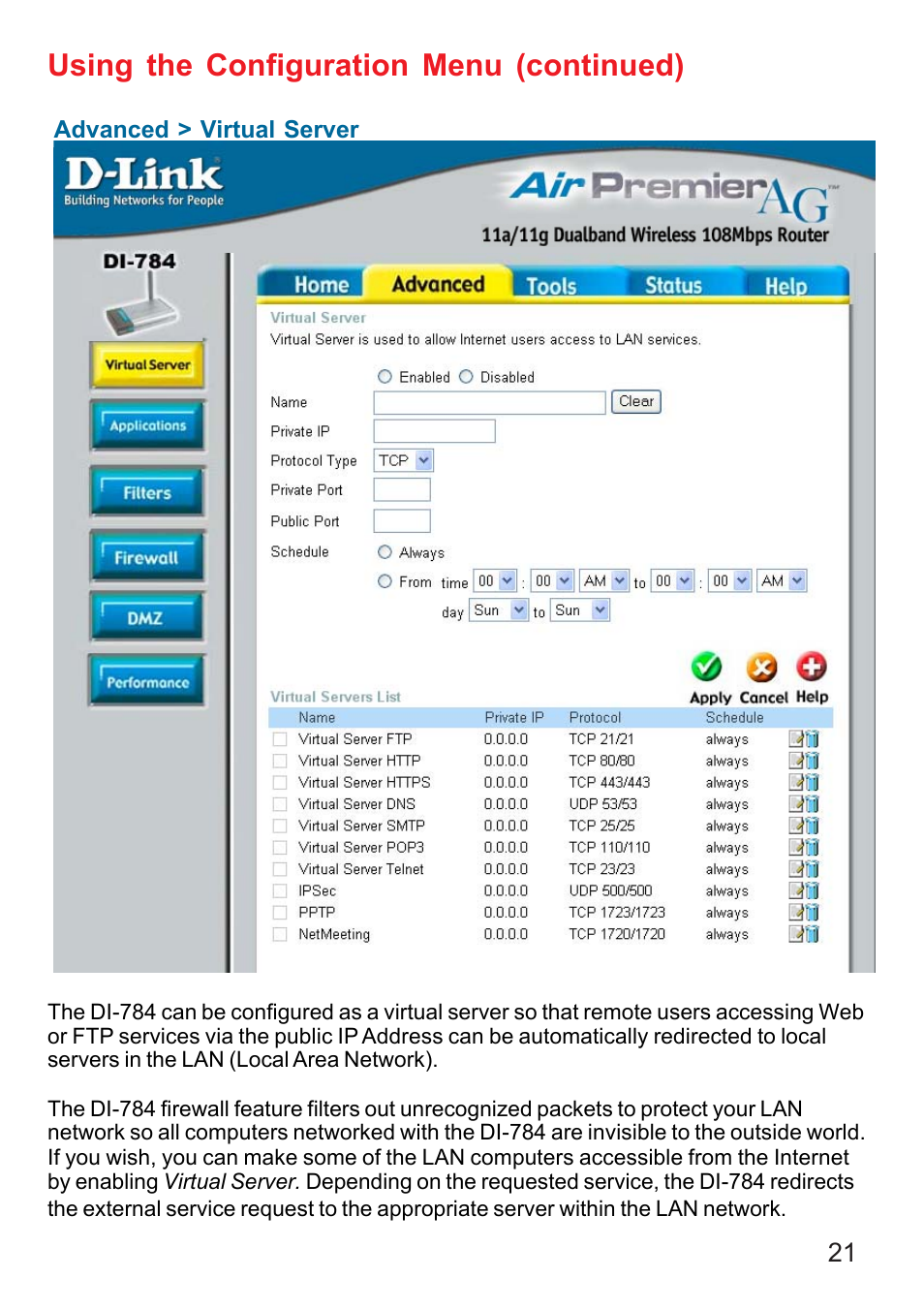 Using the configuration menu (continued) | D-Link AG DI-784 User Manual | Page 21 / 99