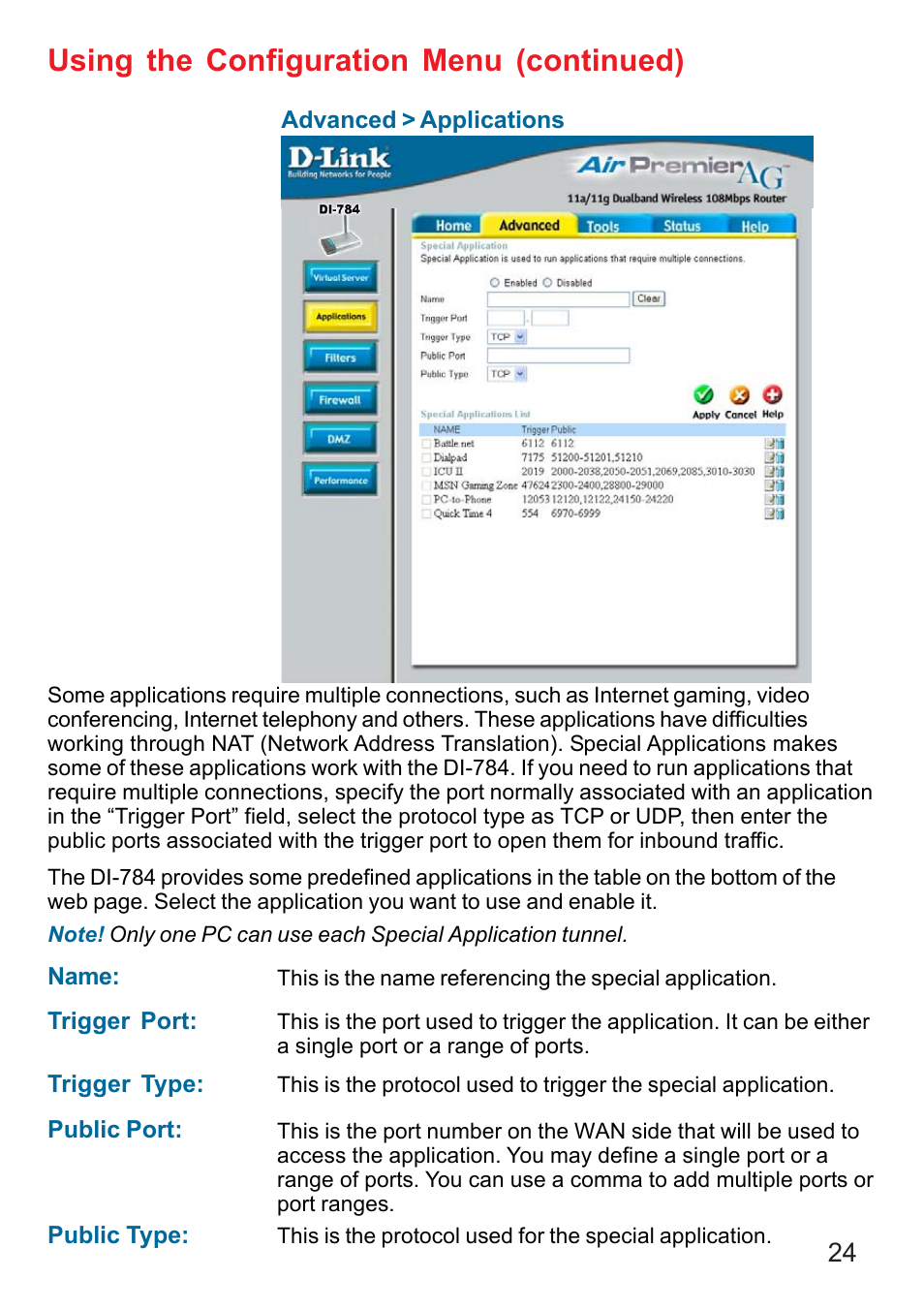 Using the configuration menu (continued) | D-Link AG DI-784 User Manual | Page 24 / 99