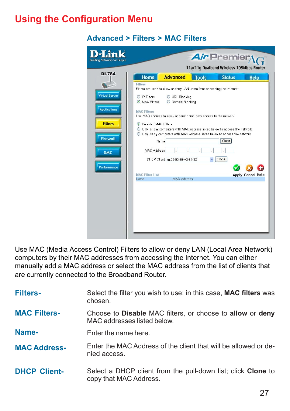 Using the configuration menu | D-Link AG DI-784 User Manual | Page 27 / 99