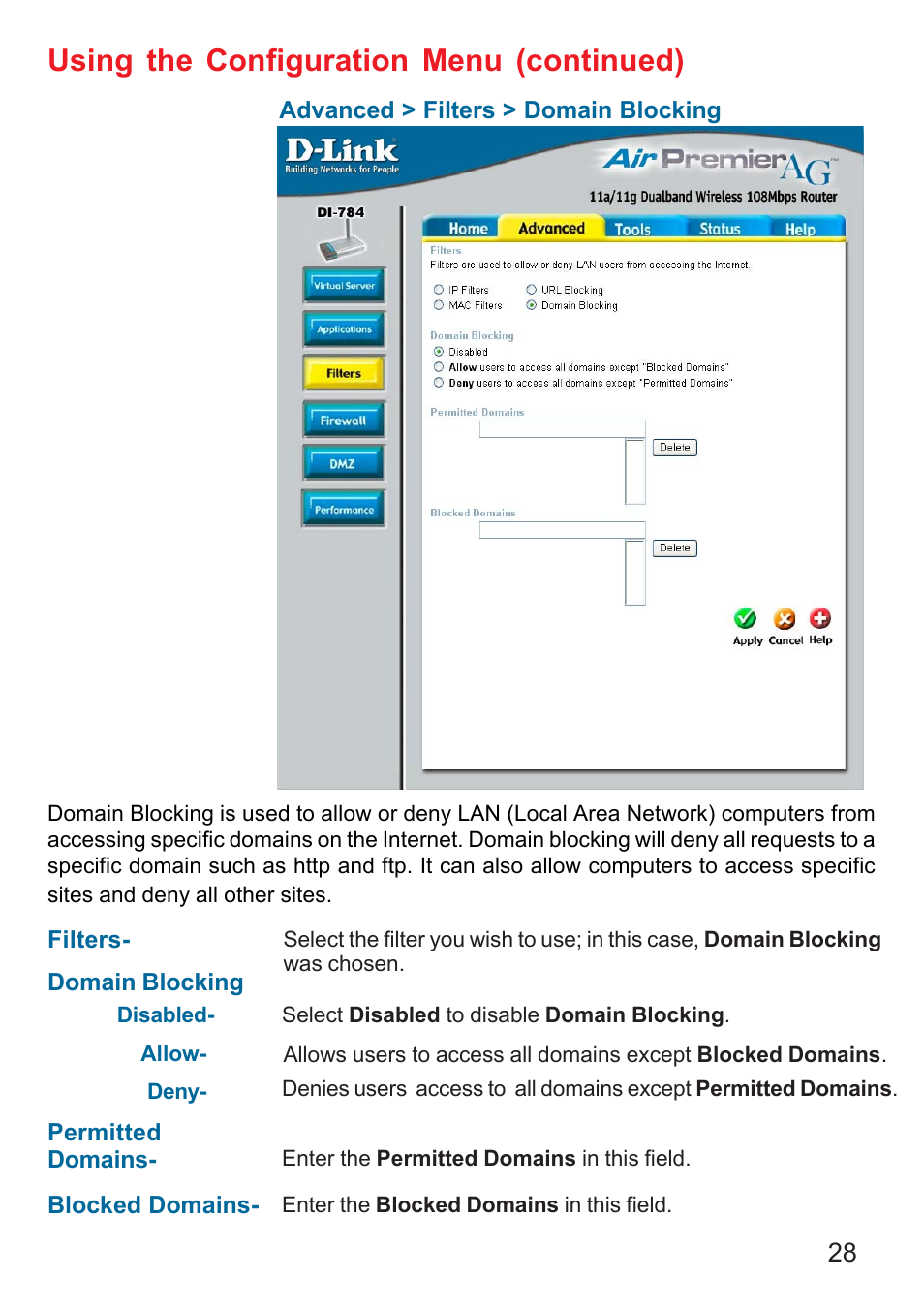 Using the configuration menu (continued) | D-Link AG DI-784 User Manual | Page 28 / 99