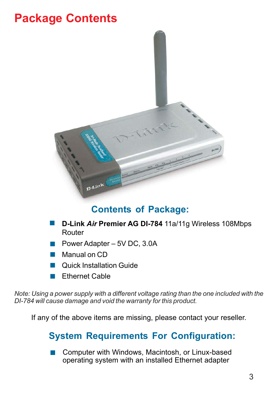 Package contents, Contents of package, System requirements for configuration | D-Link AG DI-784 User Manual | Page 3 / 99