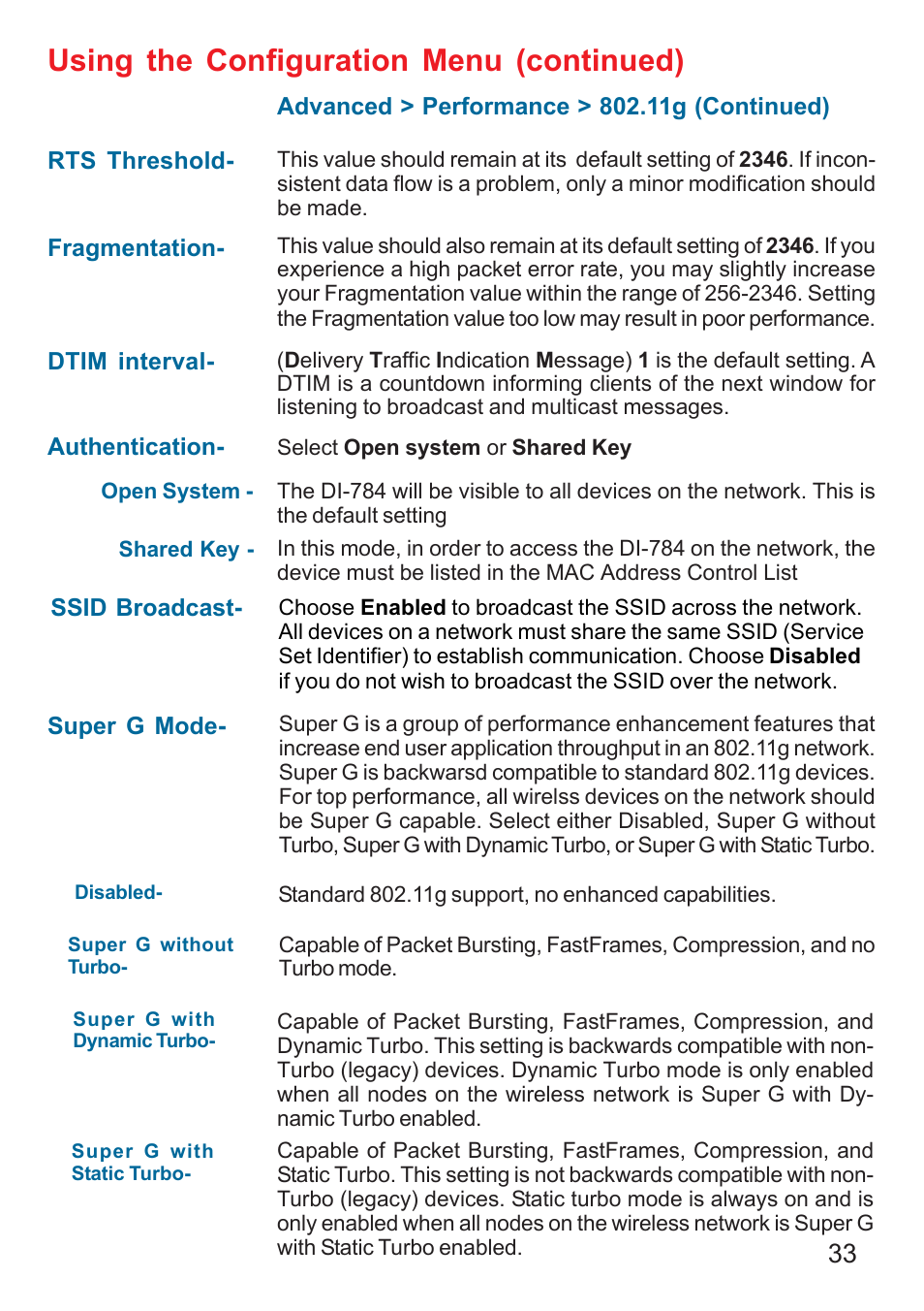 Using the configuration menu (continued) | D-Link AG DI-784 User Manual | Page 33 / 99