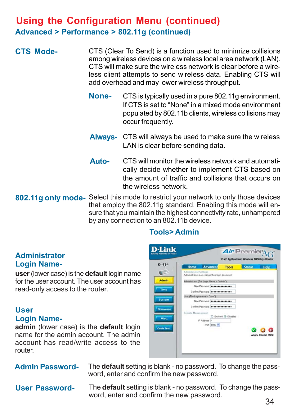 Using the configuration menu (continued) | D-Link AG DI-784 User Manual | Page 34 / 99