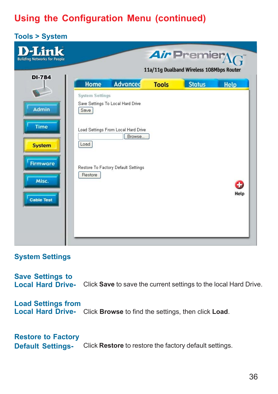 Using the configuration menu (continued) | D-Link AG DI-784 User Manual | Page 36 / 99