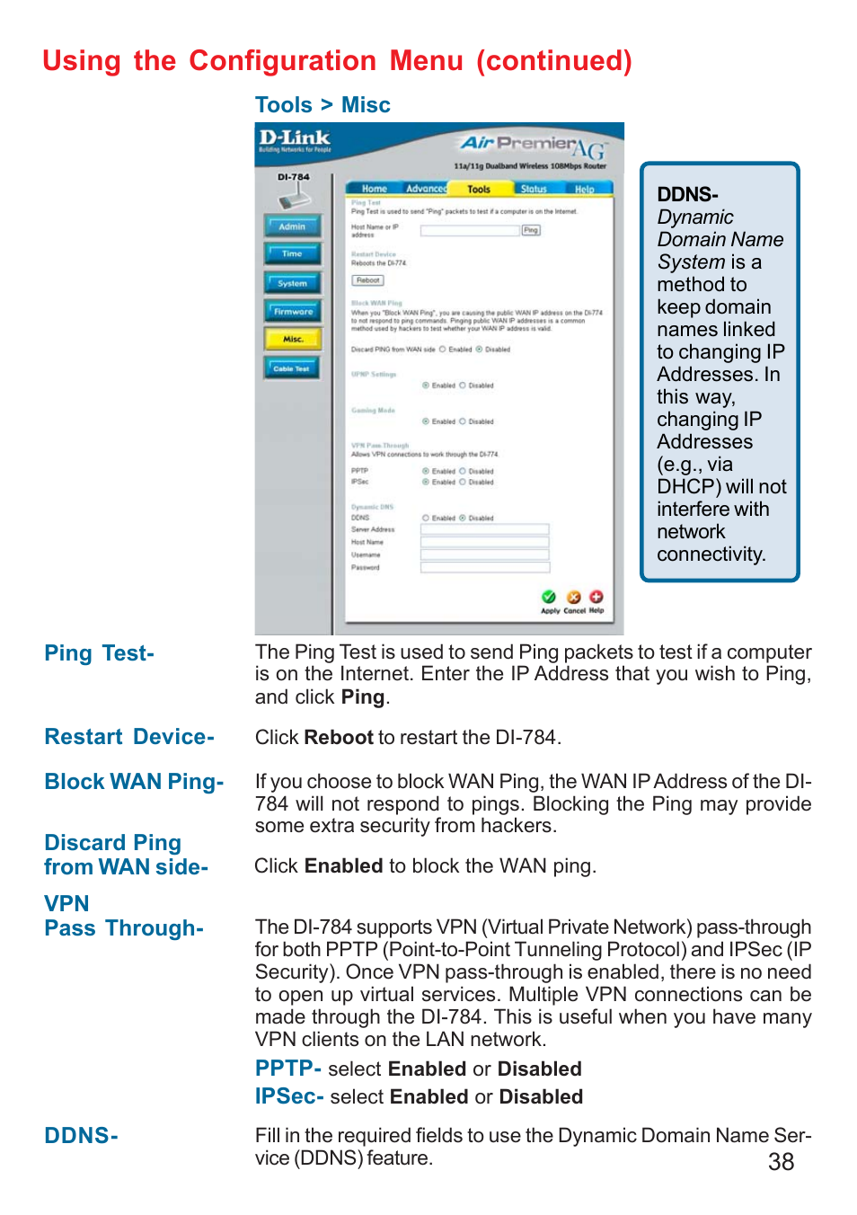 Using the configuration menu (continued) | D-Link AG DI-784 User Manual | Page 38 / 99