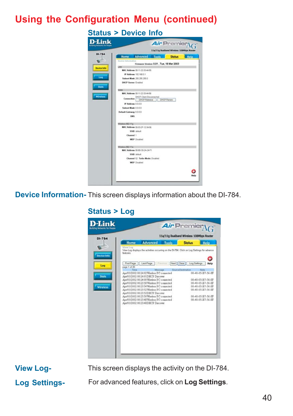 Using the configuration menu (continued) | D-Link AG DI-784 User Manual | Page 40 / 99