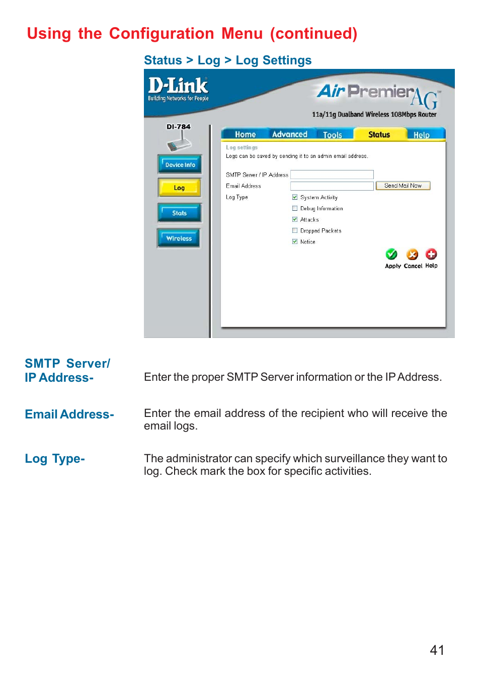 Using the configuration menu (continued) | D-Link AG DI-784 User Manual | Page 41 / 99