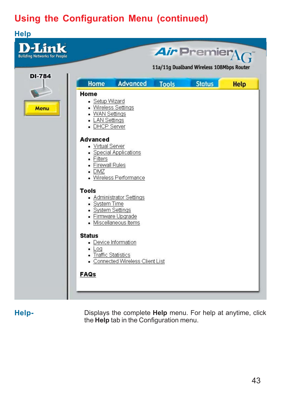 Using the configuration menu (continued) | D-Link AG DI-784 User Manual | Page 43 / 99