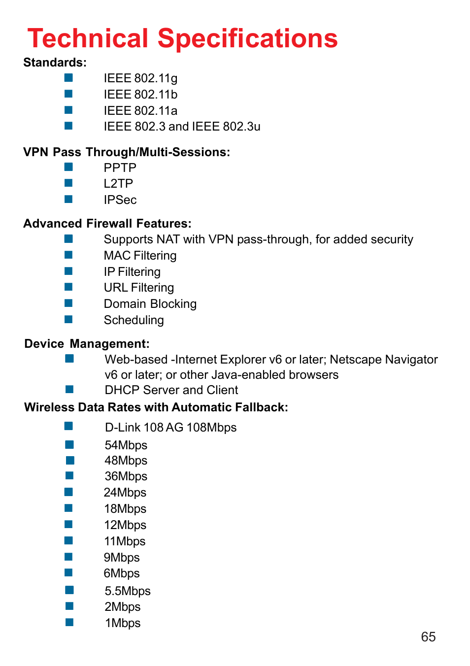 Technical specifications | D-Link AG DI-784 User Manual | Page 65 / 99