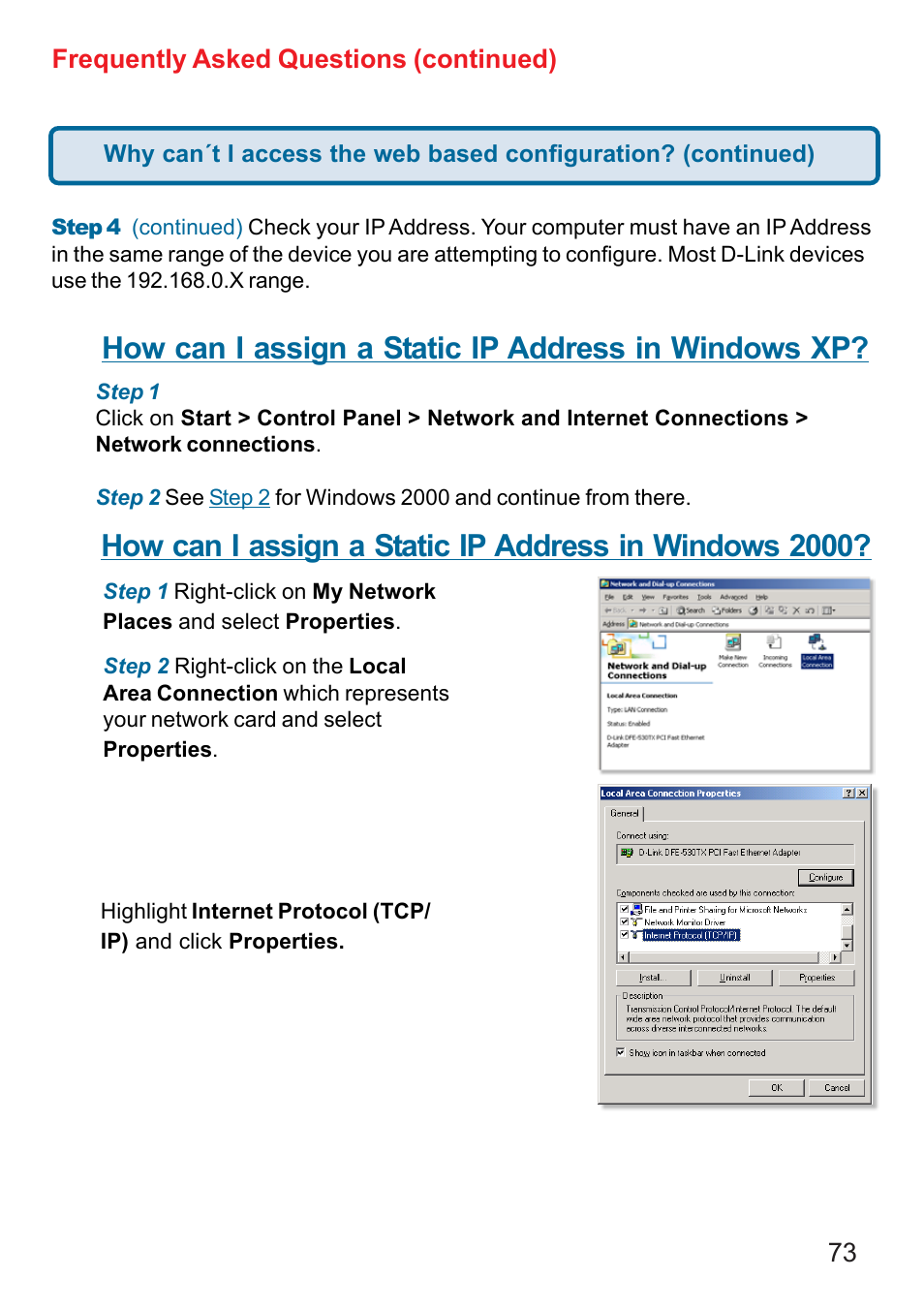 How can i assign a static ip address in windows xp, 73 frequently asked questions (continued) | D-Link AG DI-784 User Manual | Page 73 / 99