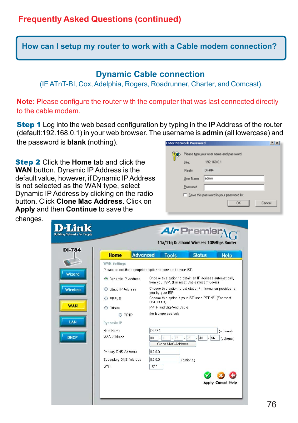 76 frequently asked questions (continued), Dynamic cable connection | D-Link AG DI-784 User Manual | Page 76 / 99