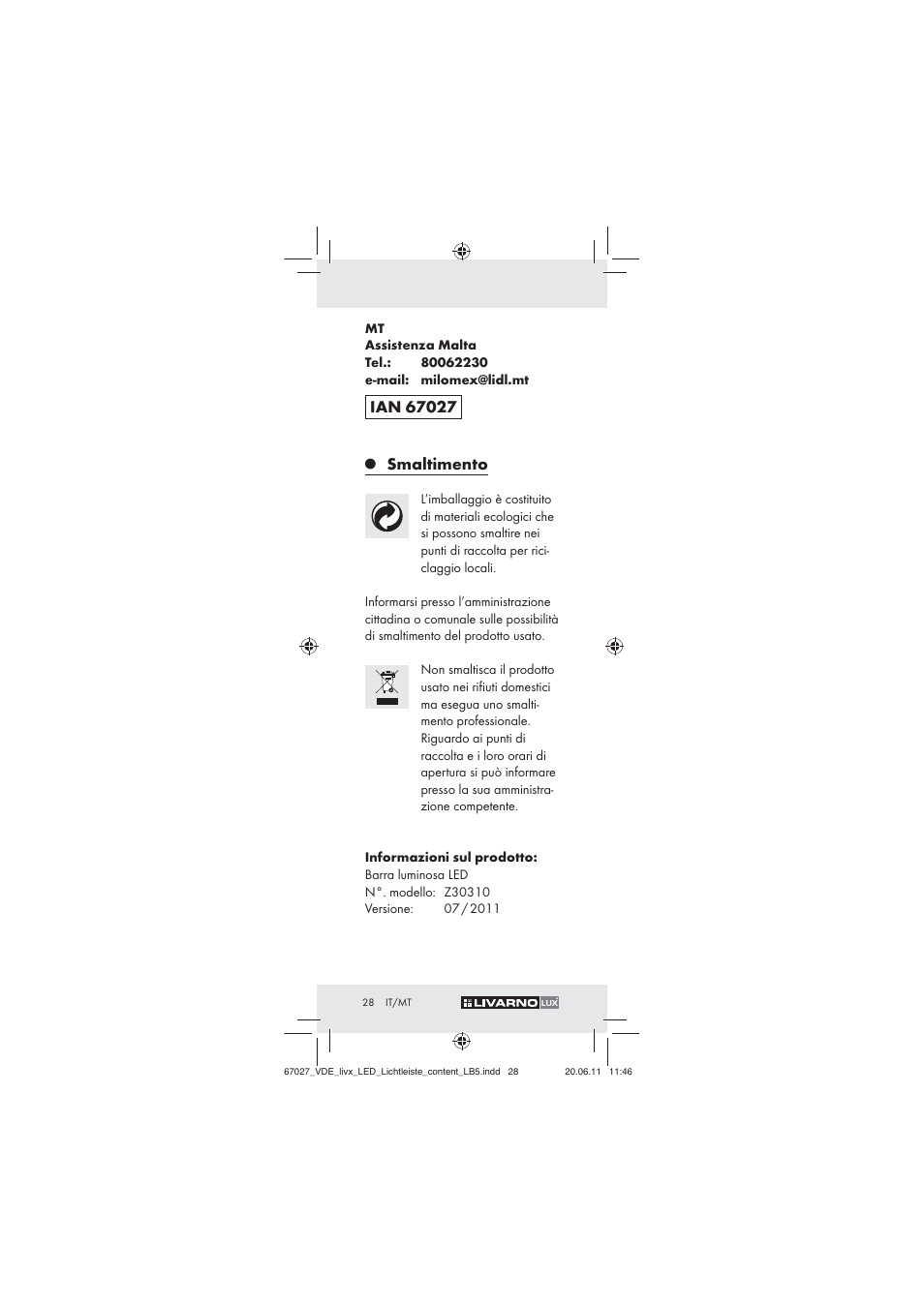 Smaltimento | Livarno Z30310 User Manual | Page 26 / 61