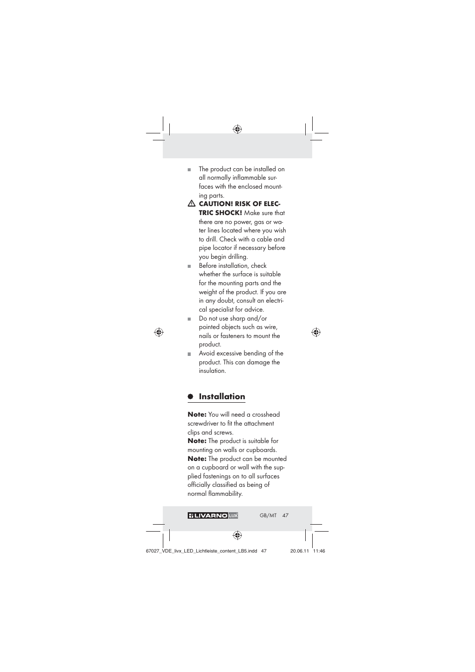 Installation | Livarno Z30310 User Manual | Page 45 / 61