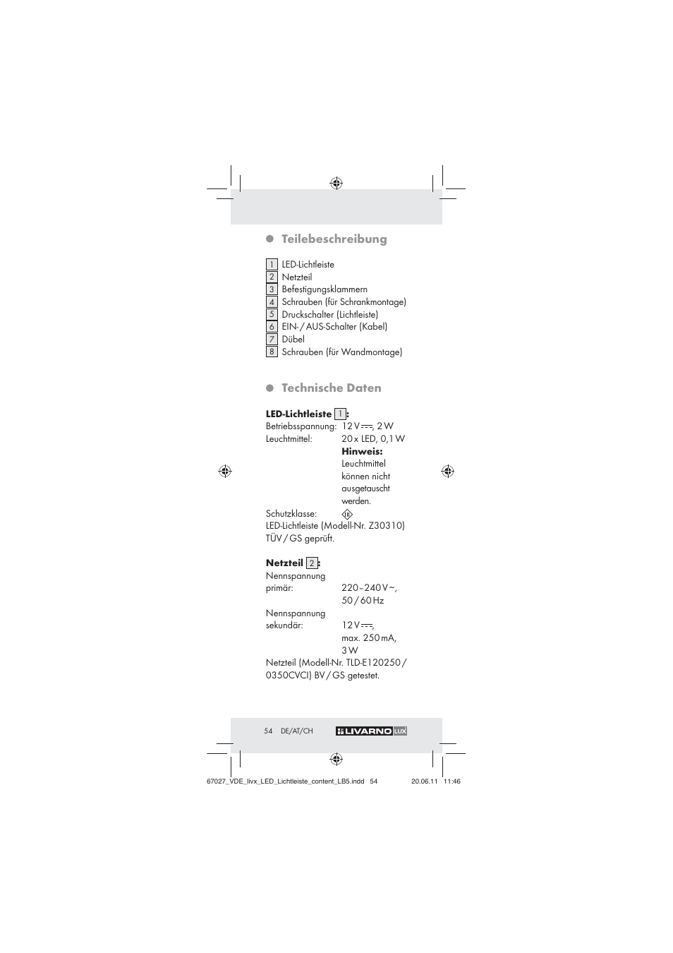 Teilebeschreibung, Technische daten | Livarno Z30310 User Manual | Page 52 / 61