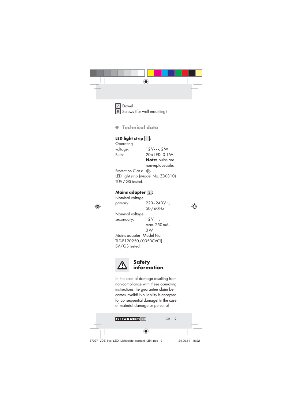 Technical data, Safety information | Livarno Z30310 User Manual | Page 7 / 82