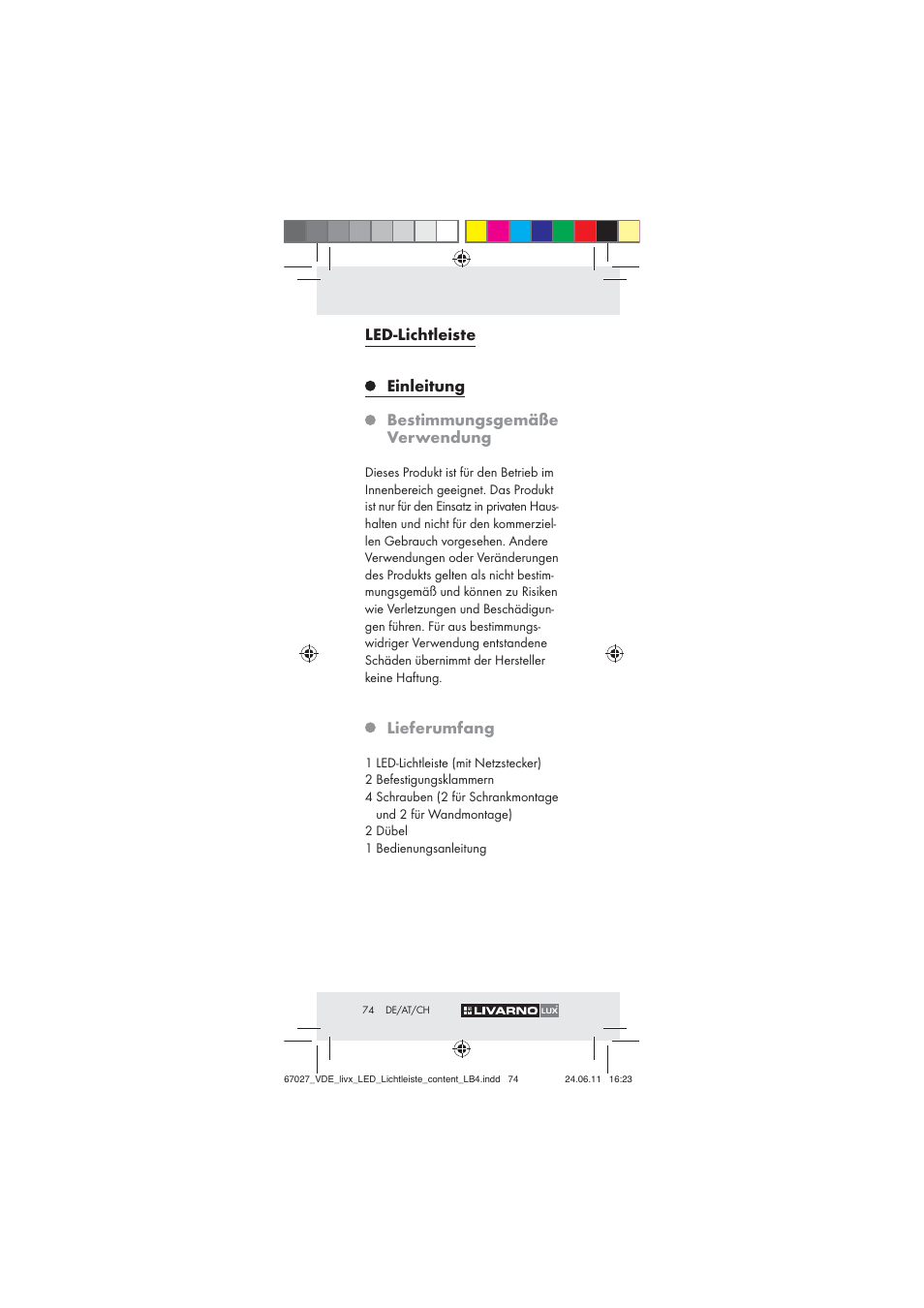 Led-lichtleiste, Einleitung, Bestimmungsgemäße verwendung | Lieferumfang | Livarno Z30310 User Manual | Page 72 / 82