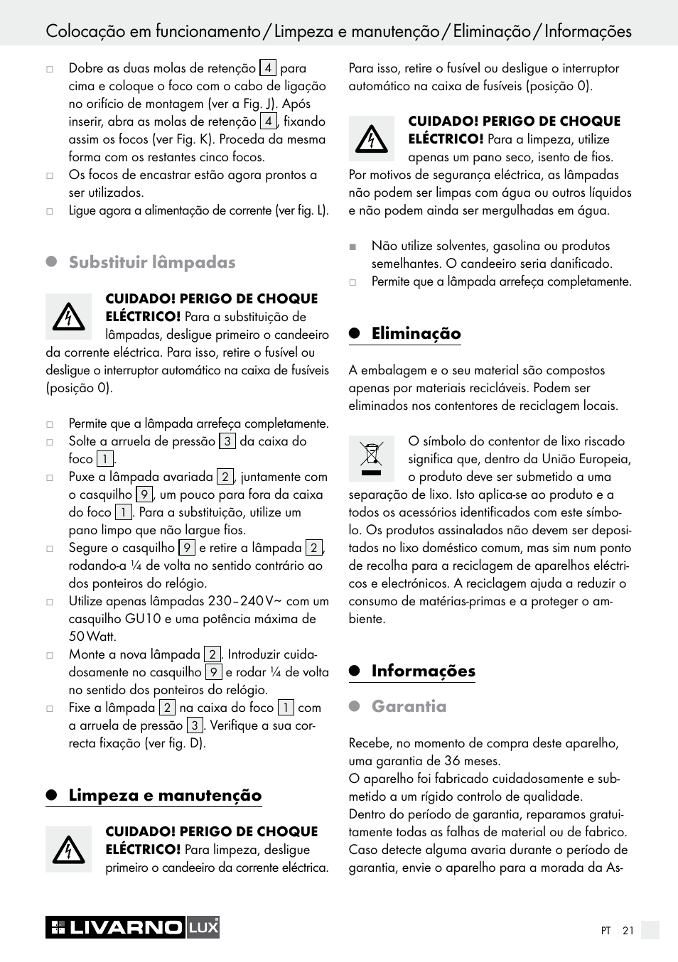 Substituir lâmpadas, Limpeza e manutenção, Eliminação | Informações, Garantia | Livarno 6729/062L·6729/068L User Manual | Page 21 / 37