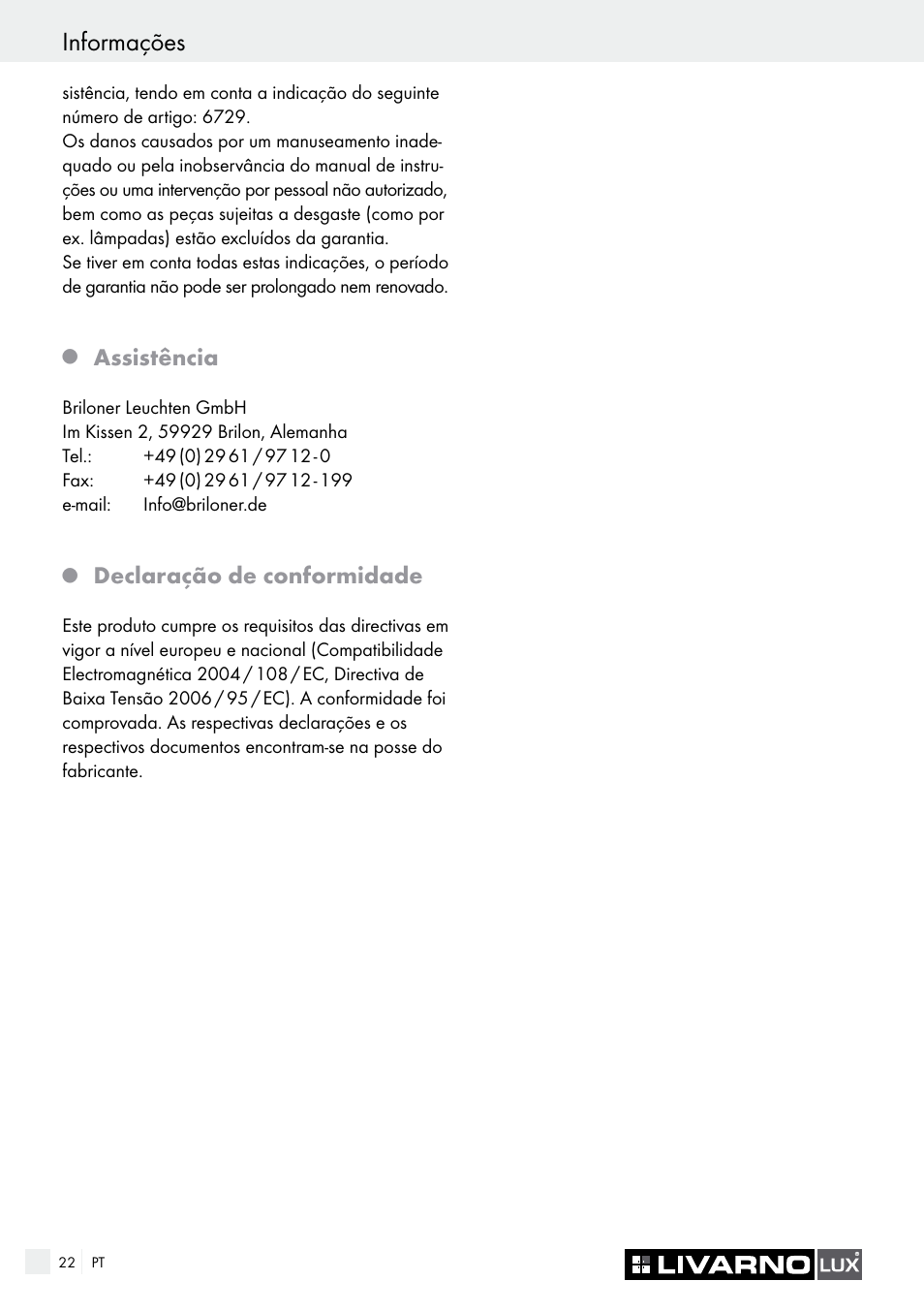 Informações, Assistência, Declaração de conformidade | Livarno 6729/062L·6729/068L User Manual | Page 22 / 37