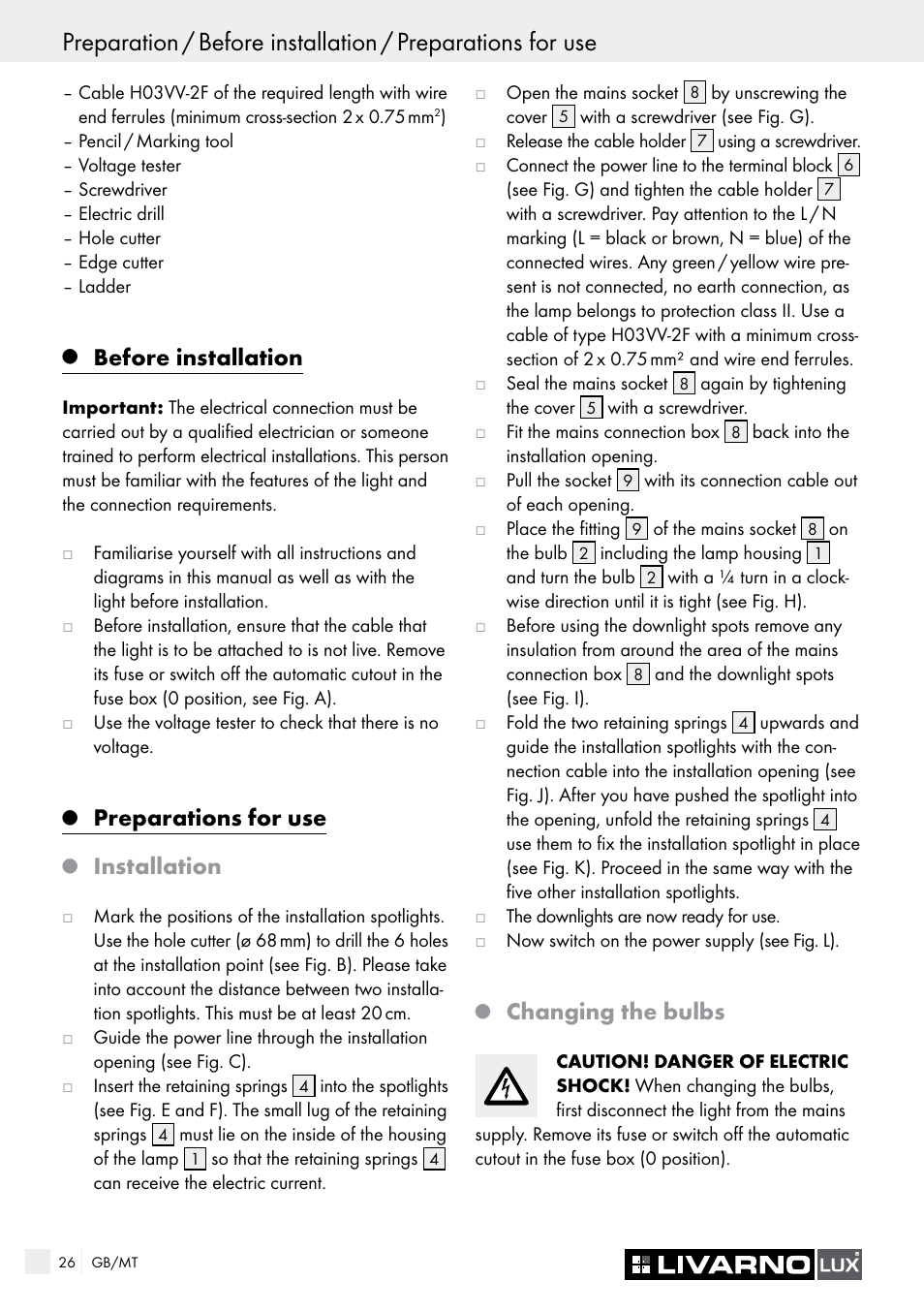 Before installation, Preparations for use, Installation | Changing the bulbs | Livarno 6729/062L·6729/068L User Manual | Page 26 / 37