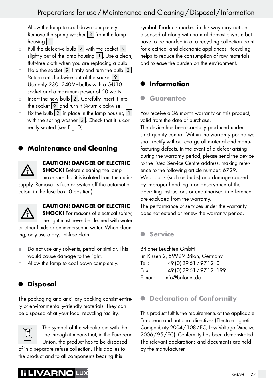 Maintenance and cleaning, Disposal, Information | Guarantee, Service, Declaration of conformity | Livarno 6729/062L·6729/068L User Manual | Page 27 / 37