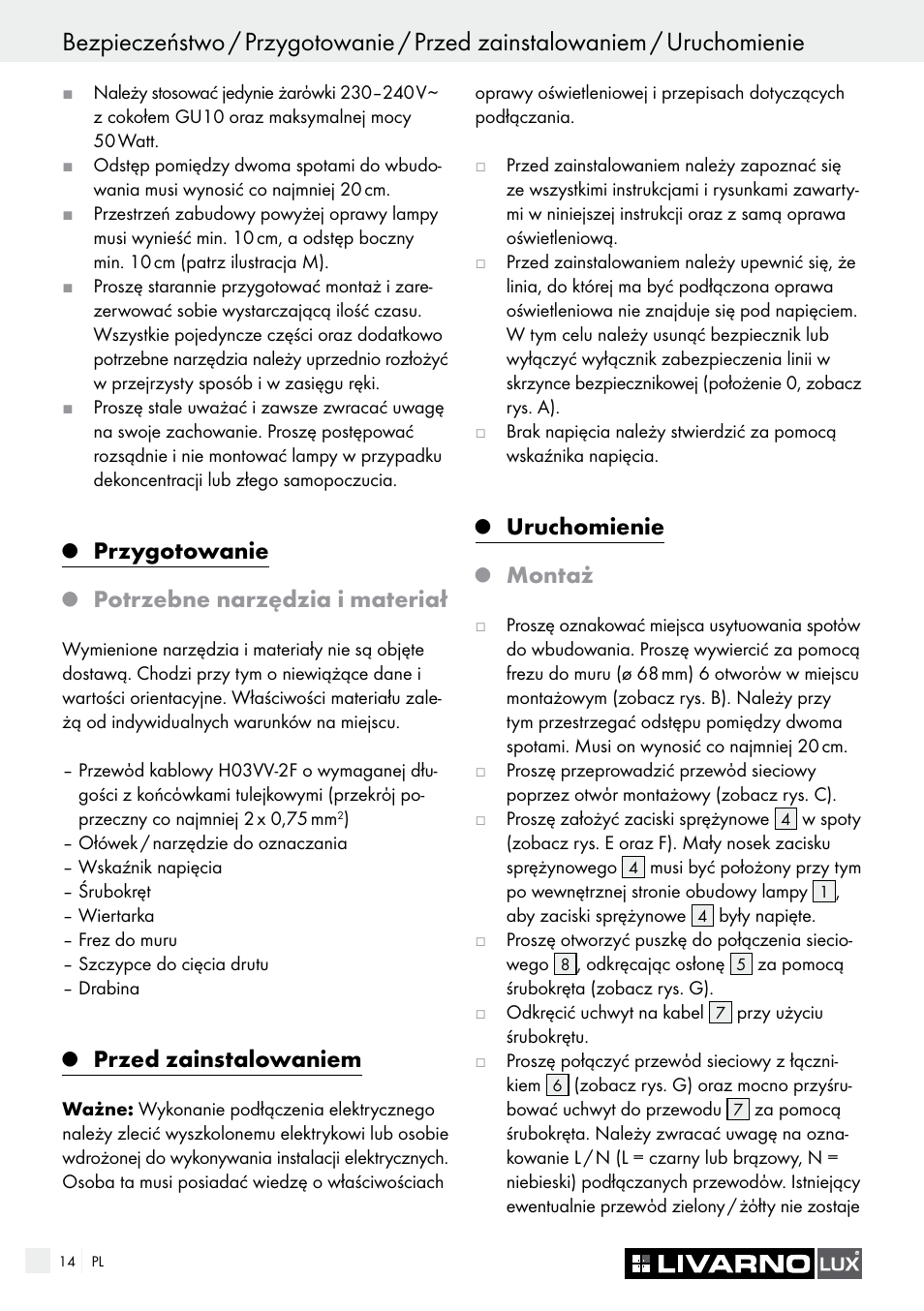 Przygotowanie, Potrzebne narzędzia i materiał, Przed zainstalowaniem | Uruchomienie, Montaż | Livarno 6729/062L·6729/068L User Manual | Page 14 / 49