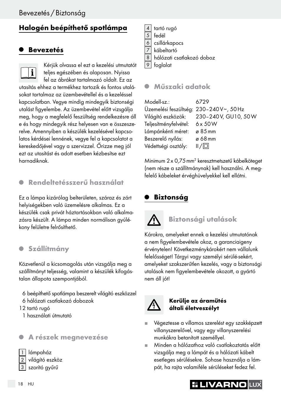 Bevezetés / biztonság, Halogén beépíthető spotlámpa, Bevezetés | Rendeltetésszerű használat, Szállítmány, A részek megnevezése, Műszaki adatok, Biztonság biztonsági utalások | Livarno 6729/062L·6729/068L User Manual | Page 18 / 49