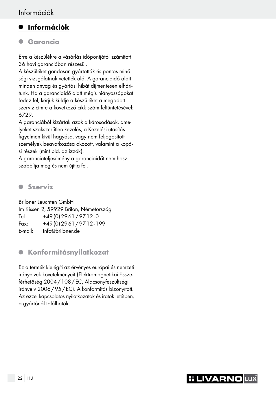 Információk, Garancia, Szerviz | Konformitásnyilatkozat | Livarno 6729/062L·6729/068L User Manual | Page 22 / 49