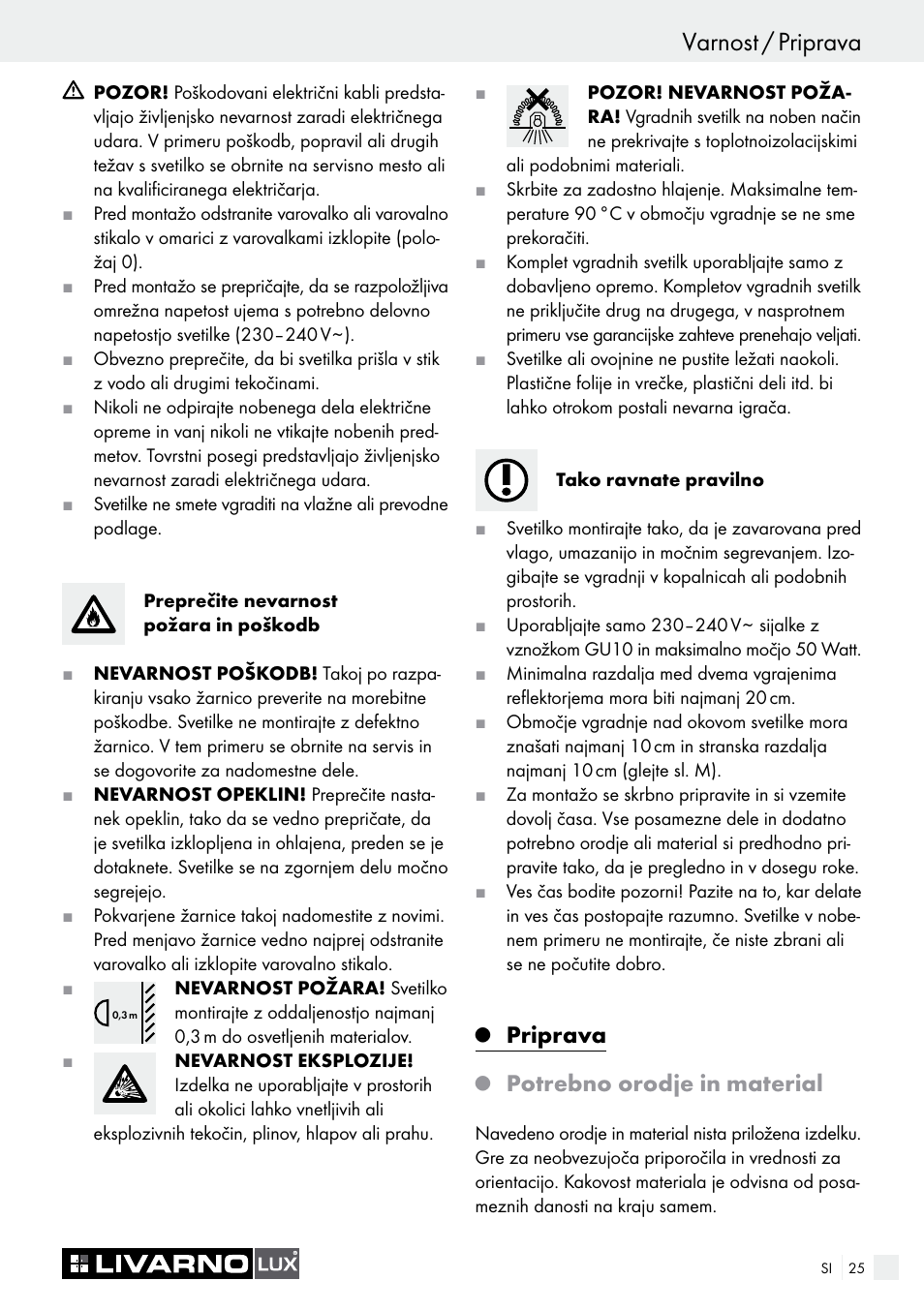 Varnost / priprava, Priprava, Potrebno orodje in material | Livarno 6729/062L·6729/068L User Manual | Page 25 / 49