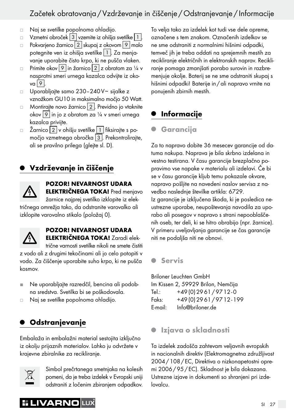 Vzdrževanje in čiščenje, Odstranjevanje, Informacije | Garancija, Servis, Izjava o skladnosti | Livarno 6729/062L·6729/068L User Manual | Page 27 / 49