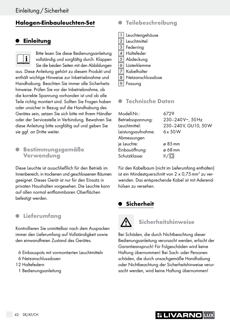 Einleitung / sicherheit, Halogen-einbauleuchten-set, Einleitung | Bestimmungsgemäße verwendung, Lieferumfang, Teilebeschreibung, Technische daten, Sicherheit sicherheitshinweise | Livarno 6729/062L·6729/068L User Manual | Page 42 / 49